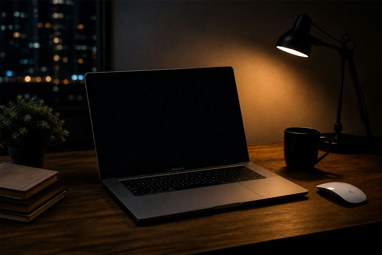 夜晚的書桌：一台筆電、一盞檯燈、窗外的城市燈火